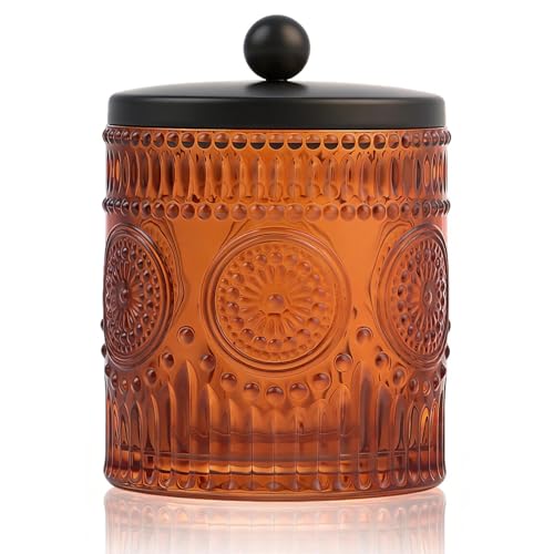 DAXGUUD Glass Bathroom Canister with Metal Lid, Vintage Embossed Storage Organizer, Decorative Vanity Jar for Qtips, Cotton Swabs, Balls, Pads, Floss Picks, Capacity 20 fl oz (Amber)
