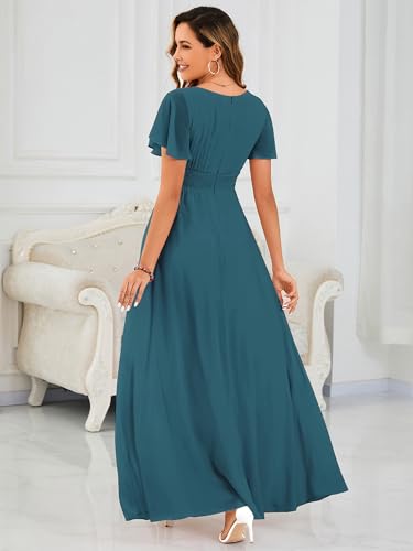 Image of Ever-Pretty Women's Spring Elegant Round Neck Short Sleeve Chiffon Empire Waist Floor Length Formal Dresses Bridesmaid Dress