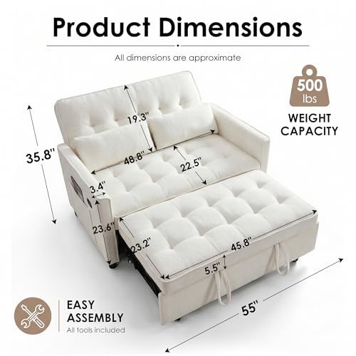 Image of Dreamzie 55'' 3 in 1 Convertible Sofa Bed with USB Charging Ports, Pull Out Couch with Adjustable Backrest and Side Pockets, Sleeper Sofa for Living Room, Apartment, RV, Easy Assembly - Beige