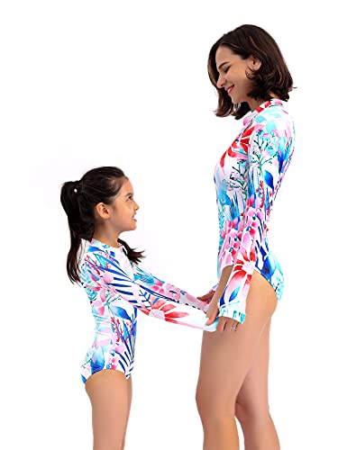 Yolipuli Women/Girl Family Matching Long-Sleeve Rash-Guard : Uv Upf 50+ Sun Protection Front Zipper Surfing One Piece Swimsuit Girl 4-5 Years White Flower Print #TOP2