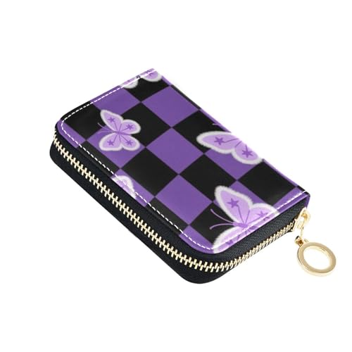 Butterflies Black Purple Checkered Pattern leather small credit card wallet With 2 cash slot RFID Blocking credit card holders with zipper