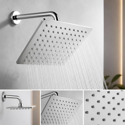 Image of Maipo Ultra Slim 8 Inch Square Rain Shower Head, Stainless Steel (SS) High Pressure Overhead Bathroom Shower Head, Chrome Finish, Anti-Clog Silicone Nozzles, Easy Installation