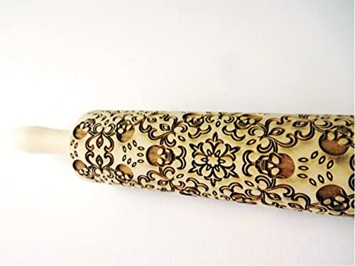 SKULL WREATH embossing rolling pin Pattern with SKULLS Spooky Death's-head Halloween Sugar skull Halloween cookies - Thumbnail 3