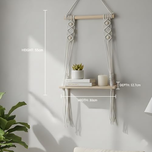 Image of Boho Macrame Wall Hanging Shelf with Adhesive Hook - Handmade Cotton Rope & Pine Wood Floating Shelf - Aesthetic Wall Decor for Bedroom, Living Room & Plants