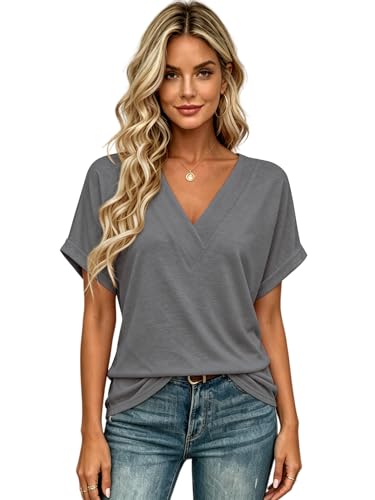 Image of T Shirts Short Sleeve V Neck Tees Womens Tops Beach Vacation Fashion Clothes 2026 Casual Summer Spring Fall Outfits