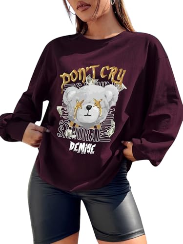 Image of CHKOKKO Oversized Round Neck Drop Shoulder Printed Polyester Full Sleeves T-Shirt for Women