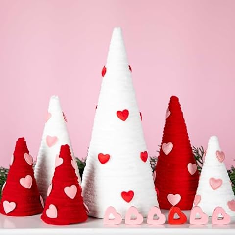 Iceyyyy 6 Pcs Valentine Day Tree Table Decorations Set-Artificial Yarn Wrapped Mini Trees with Heart Decor-Pink White Valentine's Day Tabletop Tree for Farmhouse Indoor Home Kitchen Decor Cover