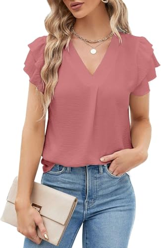 Teesho Damen Bluse Kurzarm Oberteile Sommer Shirts V-Ausschnitt Elegant Blusen Tunika Tops(Rosa/XL)
