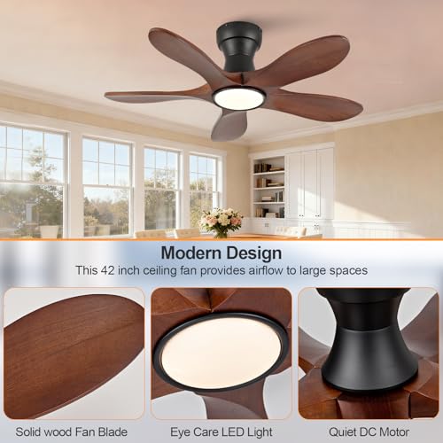 Image of 36 Inch Wood Flush Mount Ceiling Fans with Lights and Remote, Dimmable 5 Blade Wood Bedroom Ceiling Fan Outdoor Ceiling Fans for Patios Low Profile Ceiling Fan with Light for Bedroom Indoor