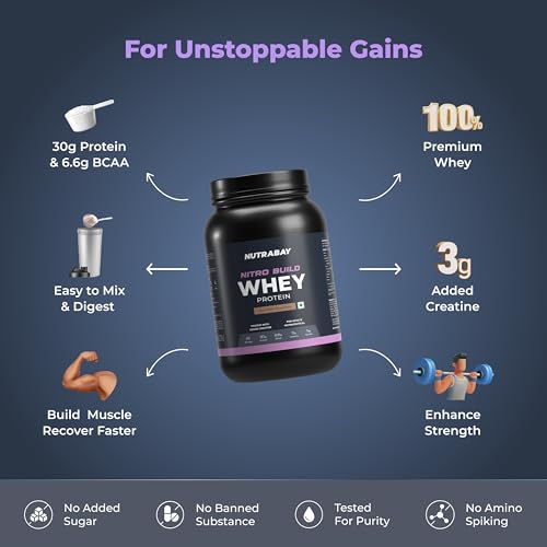 Image of Nutrabay Pro Nitro Build Whey Protein Powder - 1kg, Milk Chocolate | 30g Protein, 3g Creatine, 6.6g BCAA | Easy to Digest | NABL Lab Tested | Muscle Growth & Recovery | Gym Supplement for Men & Women