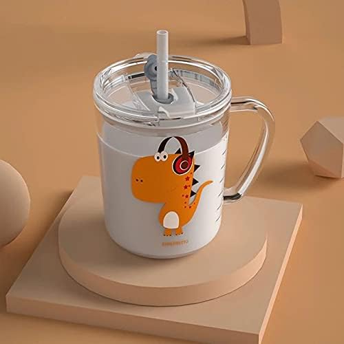Image of Milk Glass Cups with Handle - Cartoon Print Coffee Mugs with Spill-Proof Lid, Straw & Scale - 350ml Multipurpose Milk Mug for Kids & Adults - Pack of 1 (Random Design)