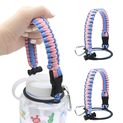 Lyfengdeam Wide Mouth Paracord Handle Paracord Handle for Water Bottle - Strap Carrier with Safety Ring and Carabiner. Compatible Many Water Bottle Sizes 10oz - 64oz (Light Blue + Light Pink)