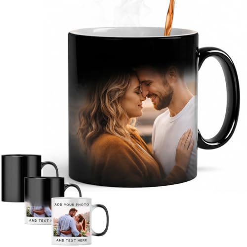 Personalisierte Zaubertasse mit Foto Farbwechsel Tasse 325ml Keramik Fototasse selbst gestalten Magic Mug Thermobeschichtung Tasse personalisiert Foto Geschenk für Männer Frauen (Schwarz)