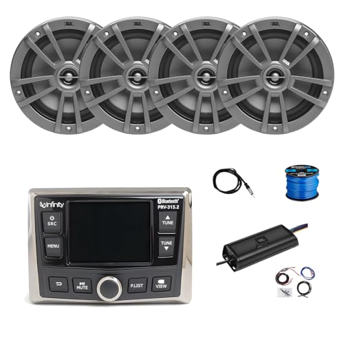 Infinity Marine Gauge Style Bluetooth AM/FM/WB Radio, 4X 6.5 180 Watt 2-Way Multi-Element Audio Speakers (Gray), Wire, Antenna, 4-Channel 450W Amplifier w/Kit