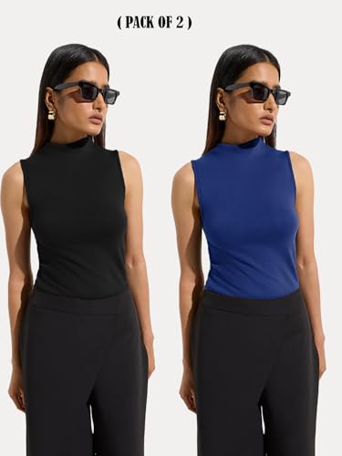 Image of KOTTY Women's Sleeveless High Neck Ribbed Tank Top Combo Pack of 2 Stylish Casual & Office Wear Tops