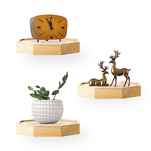 ZIOYA 3 Stück Wandregal Holz Schweberegal Achteckiges mit...