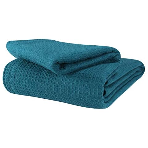 Glamburg 100% Soft Premium Cotton Thermal Blanket - Soft Breathable Cotton All Seasons, Easy Care, Perfect Layering Any Bed - King Size - 102" x 90", Waffle Weave, Teal Cover