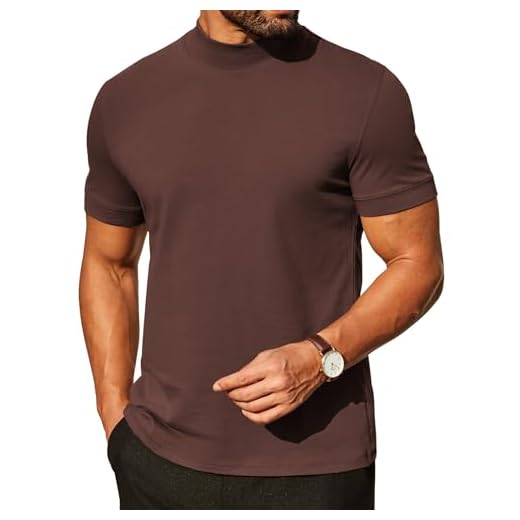 COOFANDY Camisetas masculinas de gola rolê casual premium algodão manga curta 2025 camisetas básicas meia gola, Marrom, P