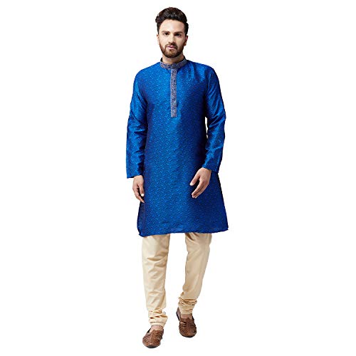 Image of SOJANYA (Since 1958 Mens Maroon Jacquard Silk Kurta and Black Churidaar Pyjama Set