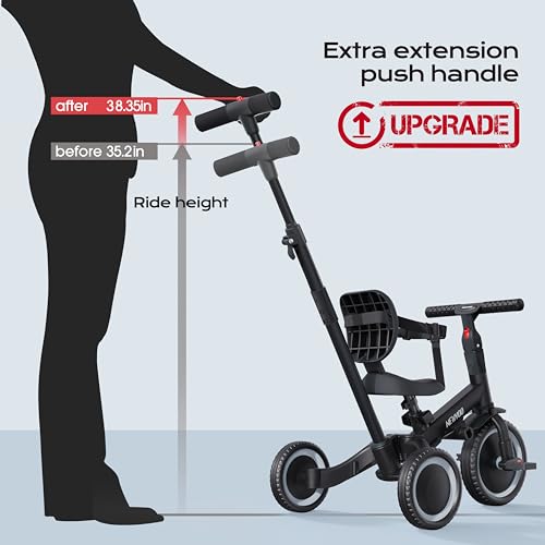 Image of newyoo Toddler Bike, Tricycle w Push Handle for 1-3 Year Old, Birthday Gifts and Toys for Boy's and Girl's Birthday, Convertible 5 in 1 Baby Balance Bike, Kids Outdoor Riding Toys, Black, TR007
