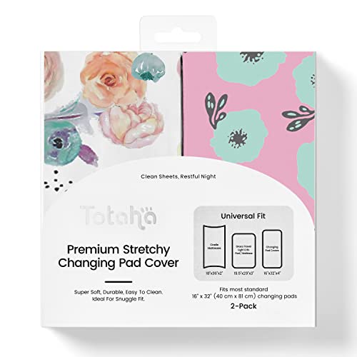 Image of TotAha Premium Stretchy Changing Pad Covers (2-Pack)-Hypoallergenic, Silky Comfort, Buttery Soft, Calming Effect, All-Season Jersey-Knit 32'' X 16'' X 5'' Deep Pocket (Colorful Flora & Blue Flowers)