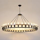 Wagon Wheel Chandelier 60-Inch 36-Light, Black and Oak Wood Tone Finish Round Rustic Farmhouse Chandelier Extra Large for High Ceilings, Living Room Foyer