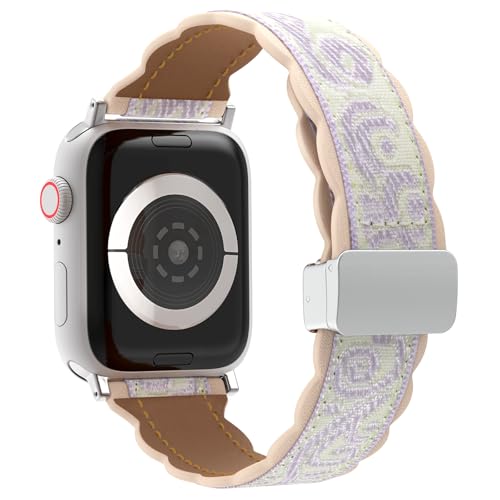 TiMOVO Leather Band Compatible for iWatch Series 11 10 9 8 7 6 5 4 3 2 1 SE 3/2/1, Embroidered Bracelet Band for Apple Watch 42mm 41mm 40mm 38mm Womens, Pink