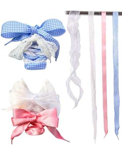 UGNBIRKEN 4 Pairs Shoe Laces for Women Sneakers, Fancy Organza Silk Shoelaces Replacement, Wide Flat Satin Ribbon Shoe Strings for Samba Fashion Shoes