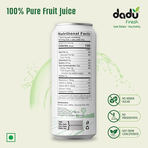 Image of Dadu Fresh Soursop Juice - Pure Fruit Healthy Beverage, No Added Sugar, All-Natural Drink Packed with Antioxidants and Vitamin C - Supports Immunity and Wellness | 250 ML Can | (Pack of 4) (Pack of 4, Soursop Juice)