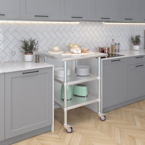 Image of AmGood Stainless Steel Work Table with 2 Shelves and Casters | Metal Utility Table On Wheels (Stainless Steel Work Table with 2 Shelves + Casters, 30 inch Long x 30 inch Deep)