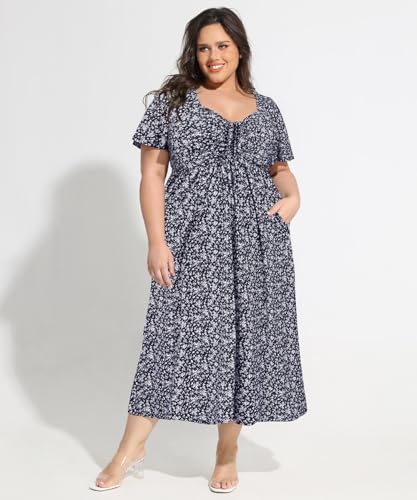 Image of CARCOS Plus Size Dresses for Curvy Women Tie Sweetheart Neck Summer Maxi Dress Short Sleeve Empire Waist Floral Boho Dress