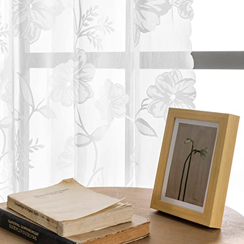 White Lace Sheer Curtains For Living Room 84Inch Vintage Rose Botanical Floral Leaf Lace Window Curtain Panel With Decorative Scalloped Edge For Bedroom 54"W 2Pcs Rod Pocket 7Ft Floor Length #TOP2