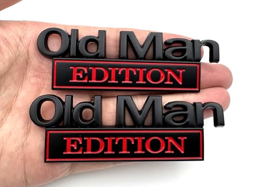 Image of 2pcs Metal Old Man Edition Emblem 3D Badge Fit for Universal Car Truck SUV Side Rear Front Hood Trunk Door Decal Sticker (Black Red)