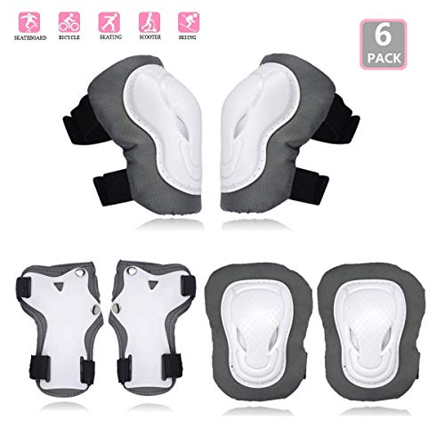 COOLGO - Juego de rodilleras para patinaje en línea, tamaño de 15 a 30 kg, 6 en 1, juego de protectores ajustables, rodilleras, coderas, muñequeras para patinar, patinar, monopatín, gris