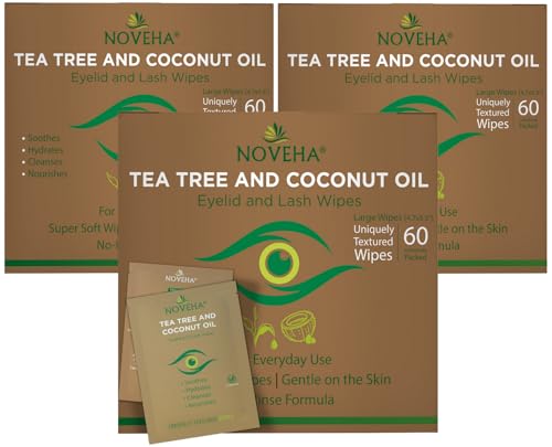 Image of NOVEHA 180PCs Tea Tree & Coconut Oil Eyelid & Lash Wipes | For Demodex, Blepharitis & Itchy Eyes - Effective Eyelash Wipes With Aloe Vera, Natural Makeup Remover & Daily Eye Cleanser - (Pack of 3)