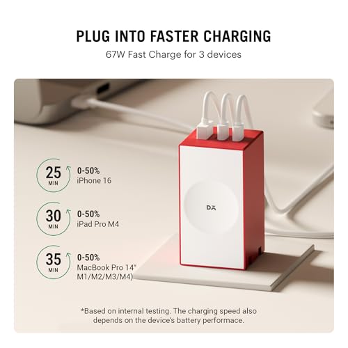 Image of DailyObjects POP 67W Triple Port GaN Charger Adapter with Foldable Pins|USB-C Dual Port & Type A Power Output|Fast Charging|Support iPhone 12 13 14 15 16 pro Max,ipad,Samsung,MacBook M1 M2-Red