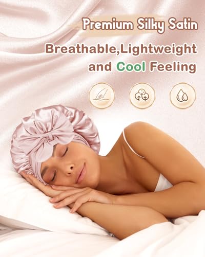 Image of BONNET QUEEN Silk Bonnet for Sleeping Women Satin Bonnet Night Sleep Cap Wrap for Curly Hair with Tie Band, Small, Cream Pink