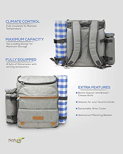 Nature Gear Picnic Backpack For 4 - Picnic Kit - 4 Person Insulated Picnic Set And Wine Backpack With Picnic Plates, Utensils, Cutlery, Waterproof Blanket, Cooler, And More - Xl Classic Blue #TOP1