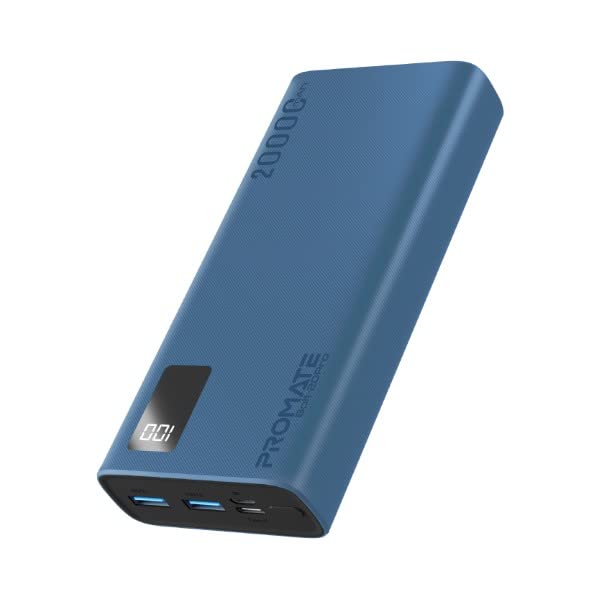 PromateiPhone 15 Portable Charger, High-Capacity 20000Mah Slim Power Bank, Dual USB Ports, 10W Type-C Input/Output Port, Smart LED Display, Safe Adaptive Charging for Smartphones, Bolt-20Pro-Blue