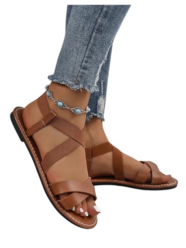 GORGLITTER Women's Criss Cross Gladiator Sandals Dressy Summer Cute Ankle Strap Open Toe Flat Sandals4