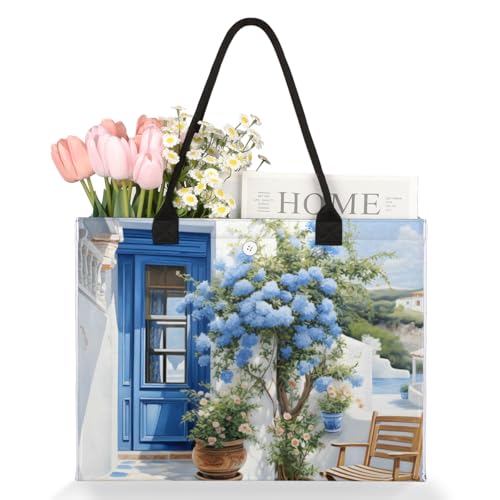 Seaside Blue Flowers Tote Bag for Women Large Beach Bag Reusable Tote Bags for Work Travel Beach Shopping3