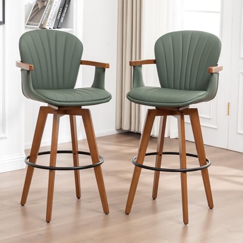 Image of LUNLING 26 inch Counter Height Stools Set of 2,Mid Century Modern Bar Stools,Green PU Leather Kitchen Island Stool,Wood High Barstools Swivel with Back and Arms for Home Bar Furniture