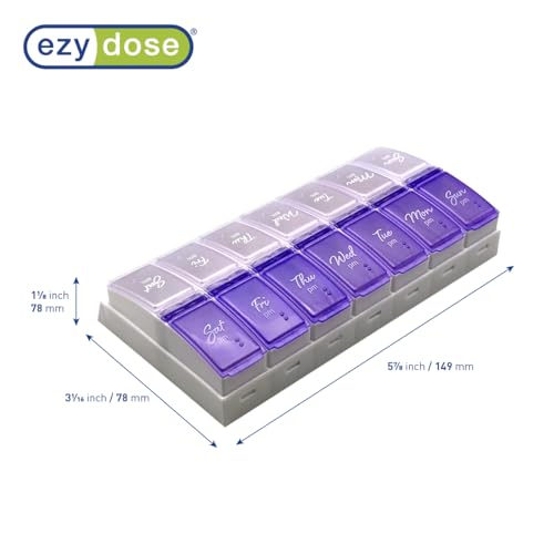 Image of Ezy Dose Weekly (7-Day) Daily Pill Case, Medicine Planner, Vitamin Organizer, 2 Times a Day AM /PM, Small Pop-out Compartments, Arthritis Friendly, Easy to Use, Pearlescent and Lavender Lids, BPA Free