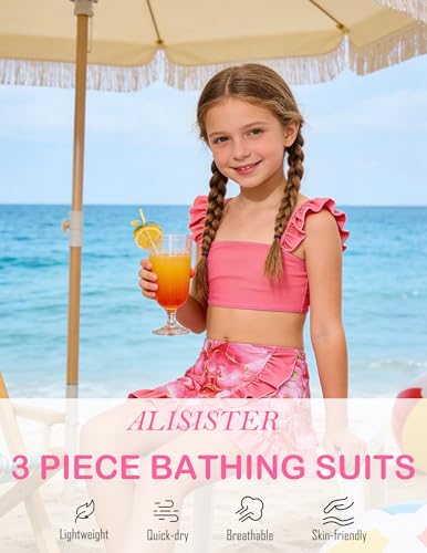 Image of ALISISTER Girls Swimsuit 3 Piece Bathing Suits Summer Bikini Tankini Sets with Cover Up Skirt for 4-12 Years