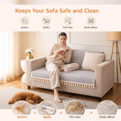 Image of DecorTwist Reversible 2-in-1 Quilted Velvet Sofa Cover with Tassels | Premium Sofa Protector for 2 & 3 Seater | Soft, Washable & Pet Friendly (Grey /Beige (Reversible), Grey /Beige (Reversible))