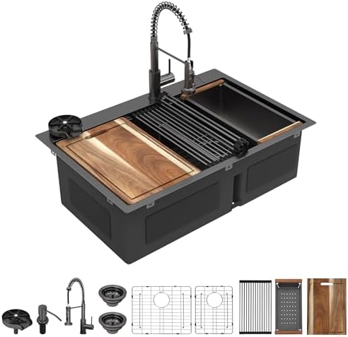 Fulorni 33"x22" Drop In Black Double Bowl Kitchen Sink Workstation