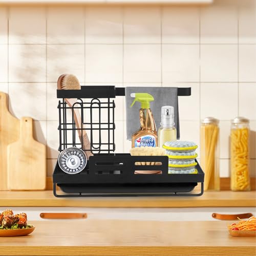 Simup Sink Caddy Sponge Holder for Kitchen,Sink Storage Rack,Dish Cloth Rack,Detachable Brush Holder with Removable Drip Tray for Countertop,Black - Image 7
