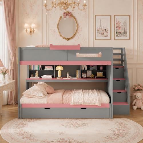 Image of Merax Full Over Full Wood Bunk Bed with Twin Size Trundle with Stairs & Hidden Storage & Shelves, Built-in 3-in-1 LED Lights, Multi-Level Storage Hub, Space-Saving Bedroom Furniture, Gray+Pink