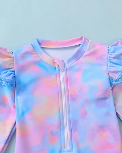 Image of Toddler Girl Swimsuit Baby Girl Bathing Suit Long Sleeve Floral Zipper One-Piece Rash Guard Swimsuit with Hat