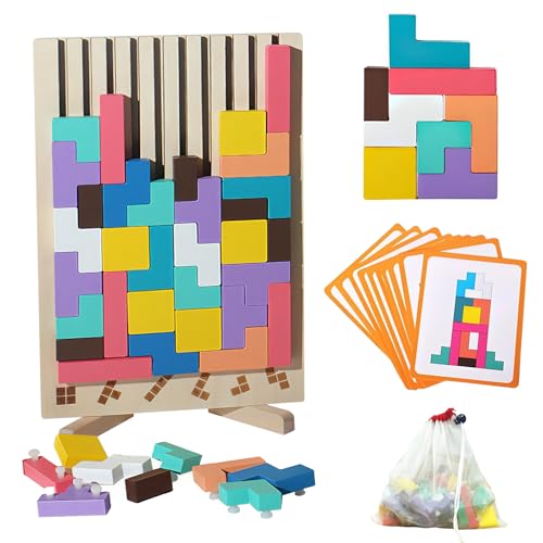 Pmueuff Tetris en Bois, Jouets éducatifs, Jeux Montessori 3 4 5 6 Ans, Puzzle Empilé Tetris avec Carte, Jouets Jigsaw, Multicolores, Blocs Géométriques, Cadeau pour Enfants